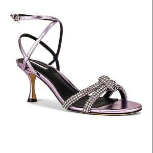 NEW Lola Cruz Signy Sandal Kitten Heel Crystal Vamp Strap Lilac Metallic Leather